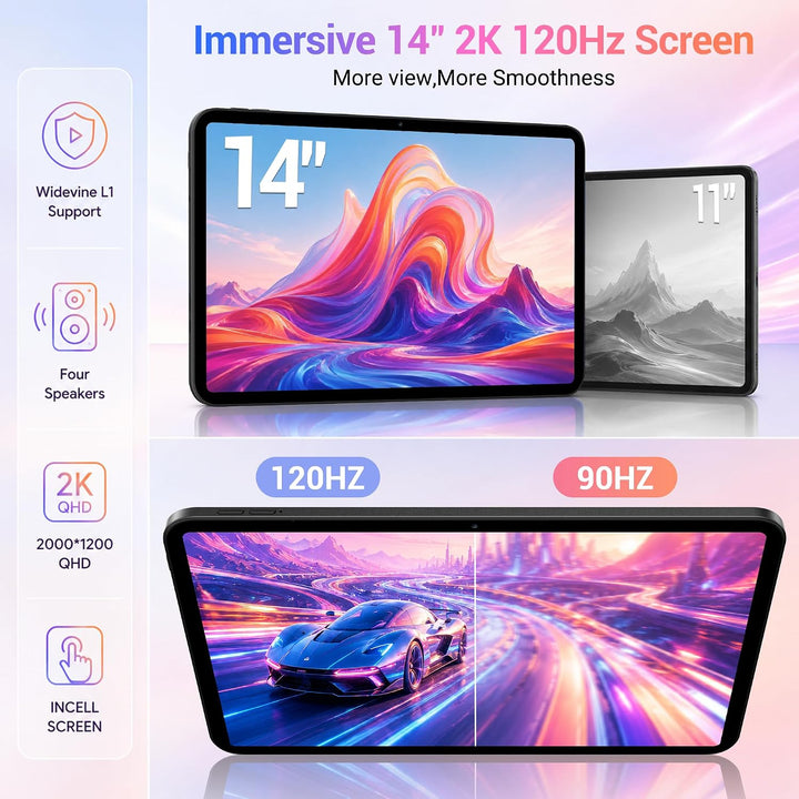 2026 14-Zoll-Tablet mit Android 16, 36GB RAM+512GB ROM (TF 1TB), Octa-Core, 4G LTE/5G WLAN, 2000 × 1