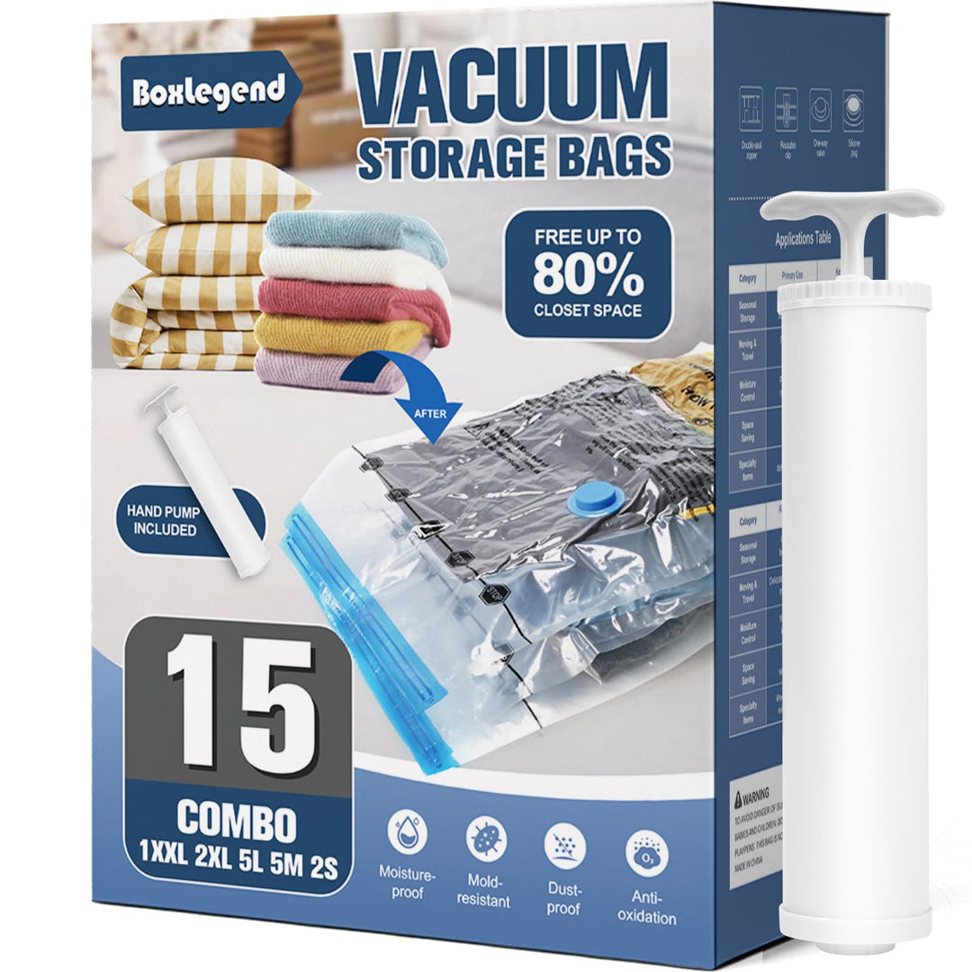 BoxLegend Vakuumbeutel für Kleidung 15 Stück (1XXL+2XL+5L+5M+2S) Vakuum Aufbewahrungsbeutel Kleiderb