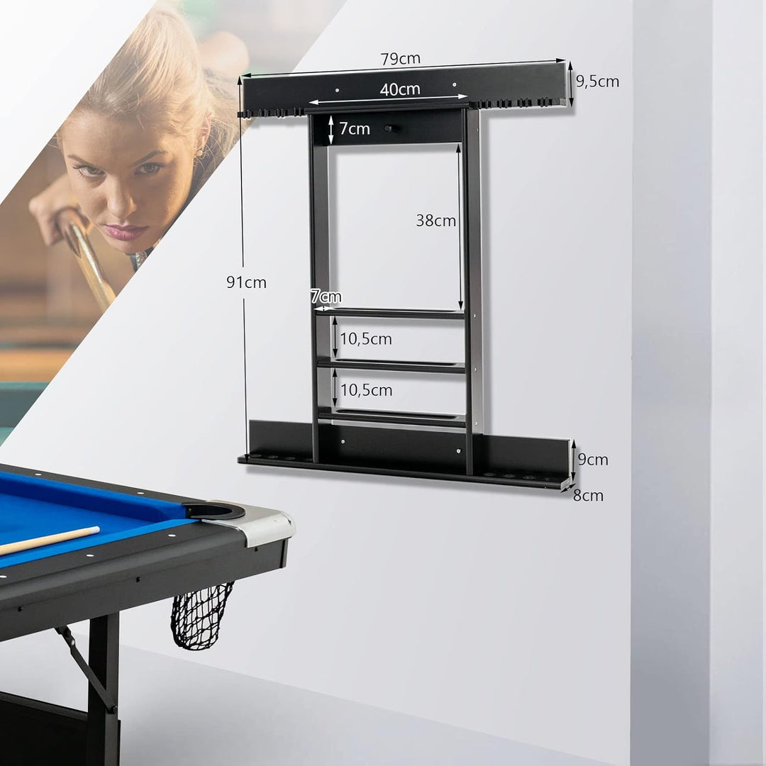 COSTWAY Billard Queue Halter Wandmontage, Wandqueuehalter für 8 Queues, 15 Billardkugeln und 1 Balls