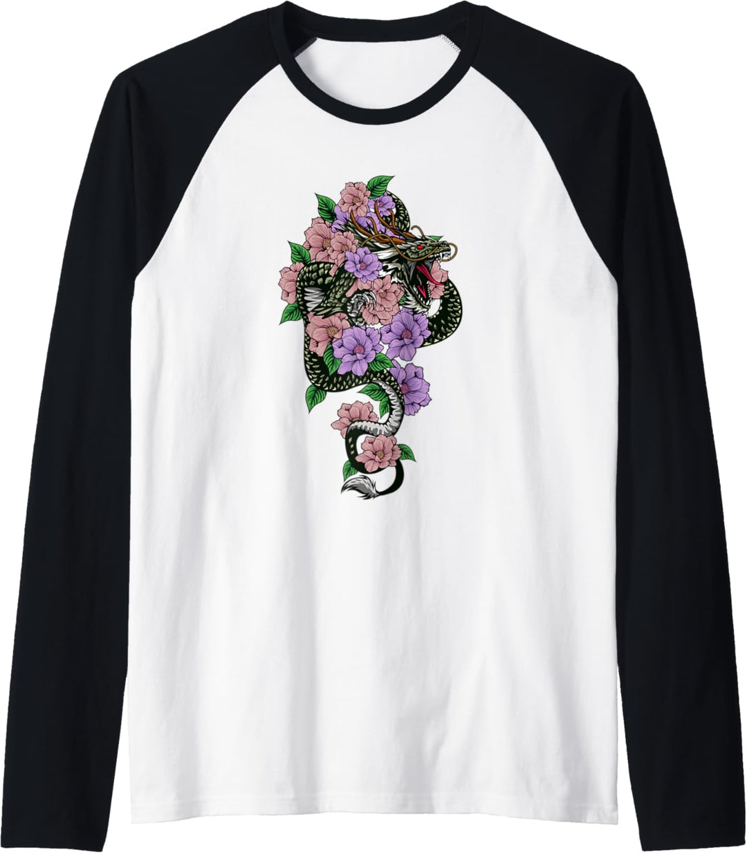 Japanische Mythologie, Drache und Blumen, Grafikkunst Raglan