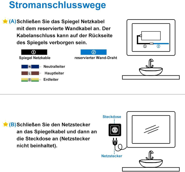 Aica Sanitär Badspiegel mit Beleuchtung 60×40cm Touch Wandschalter Kaltweiss dimmbar Memory-Funktion