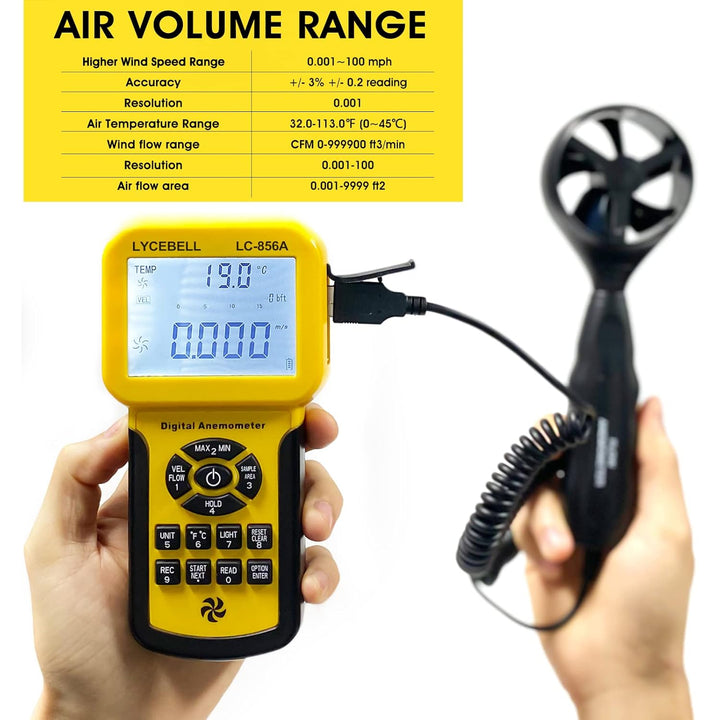 LYCEBELL Digital Anemometer, LC-856A Handheld Windmesser misst Windgeschwindigkeit, Windfluss, Tempe