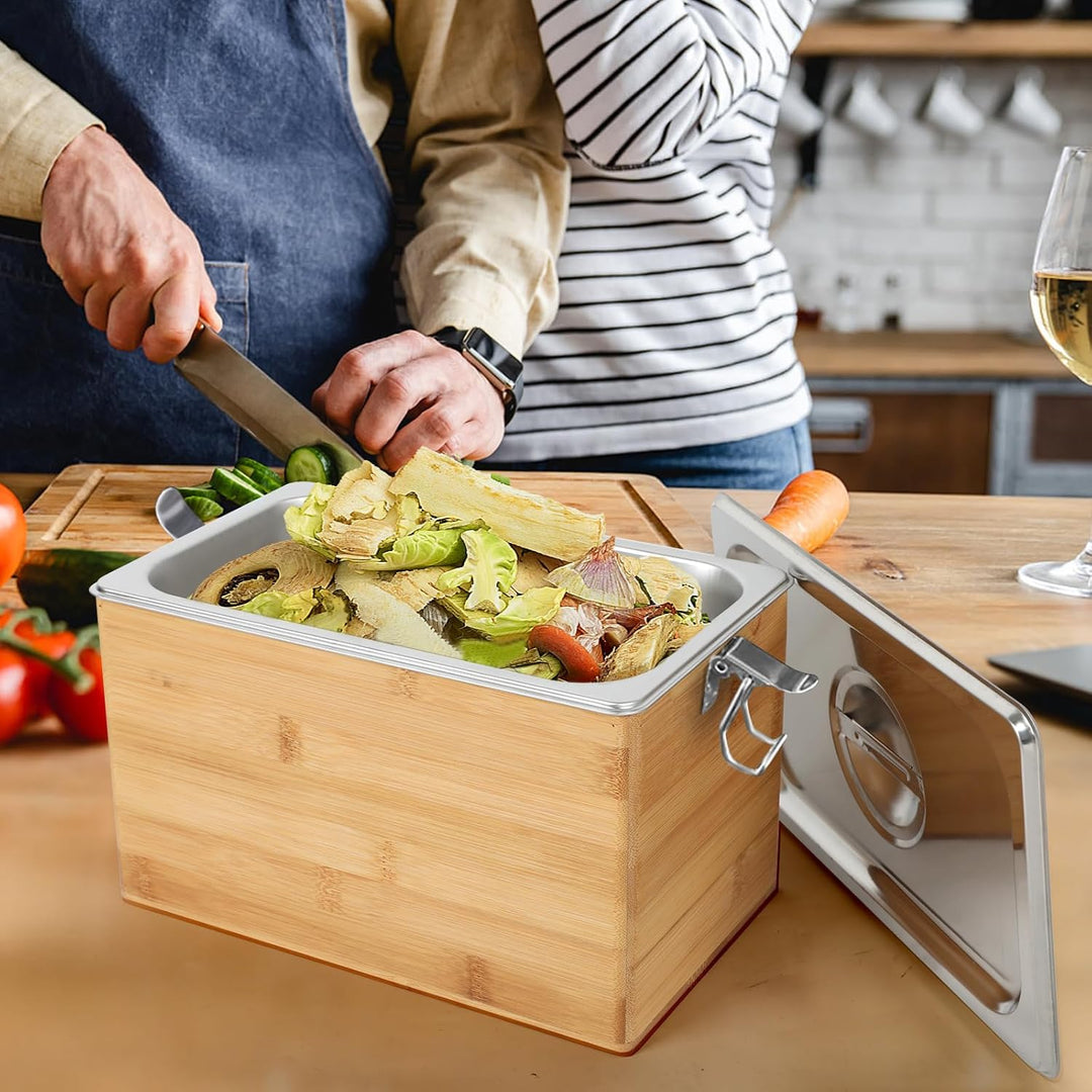 Komposteimer Küche, Edelstahl Biomülleimer Küche mit Deckel & Holzbox, Geruchsdicht, Spülmaschinenfe