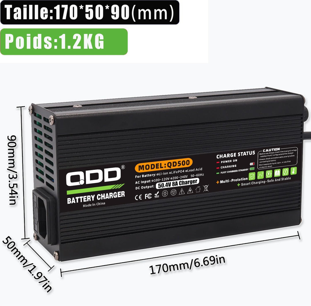 QDD 50,4 V 8 A Lithium-Ladegerät mit Kühlsystem für 12S 44,4 V Lithium-Batterie DC XT60 Stecker