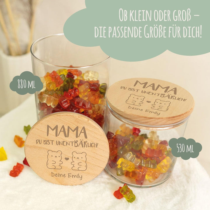 GRAVURZEILE Vorratsglas mit graviertem Holzdeckel - UnentBÄRlich Mama - Personalisiert mit Name - Ke