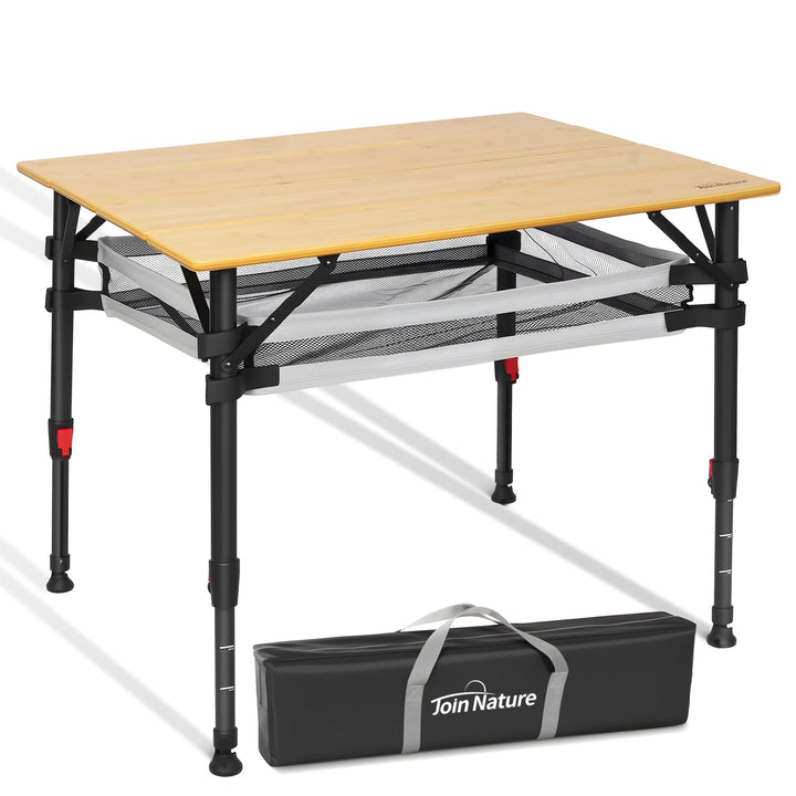 Campingtisch klappbar Bambus, stufenlos höhenverstellbar 47–65 cm, faltbarer Campingtisch mit Alumin