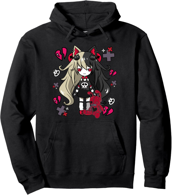 Chibi Kawaii Emo Pastell Goth Mädchen mit traurigen Hasen Pullover Hoodie