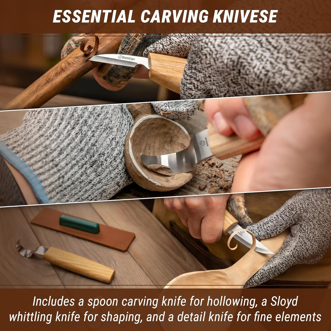 BeaverCraft S13 Holzschnitzerei Werkzeuge Set für Löffelschnitzen 3 Messer in Werkzeugsrolle Abziehr
