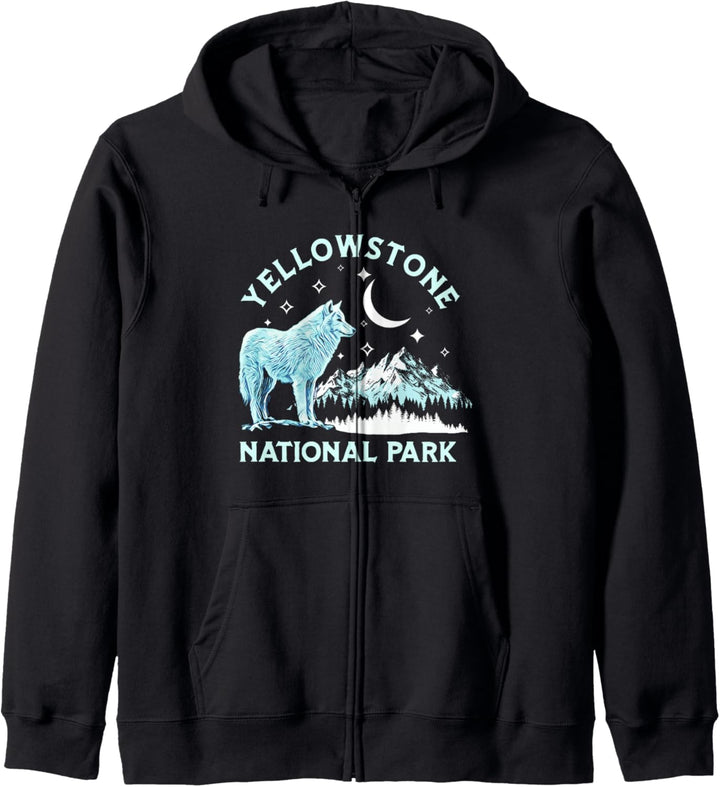 Retro Yellowstone National Park White Wolf Moon & Stars Kapuzenjacke
