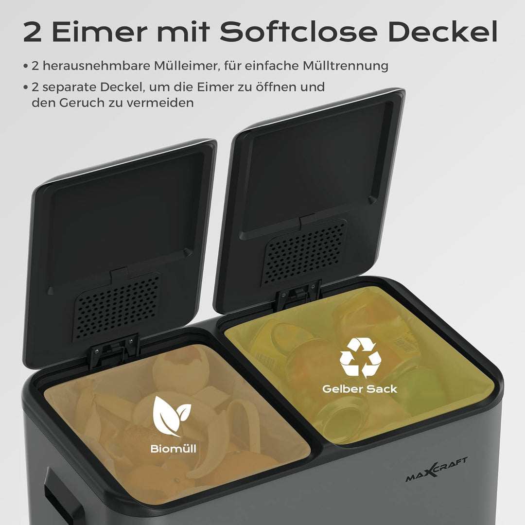 Mülleimer 60 Liter aus Stahl Treteimer Abfalleimer mit 2 Inneneimern aus Kunststoff (2x 30L) - Sanft