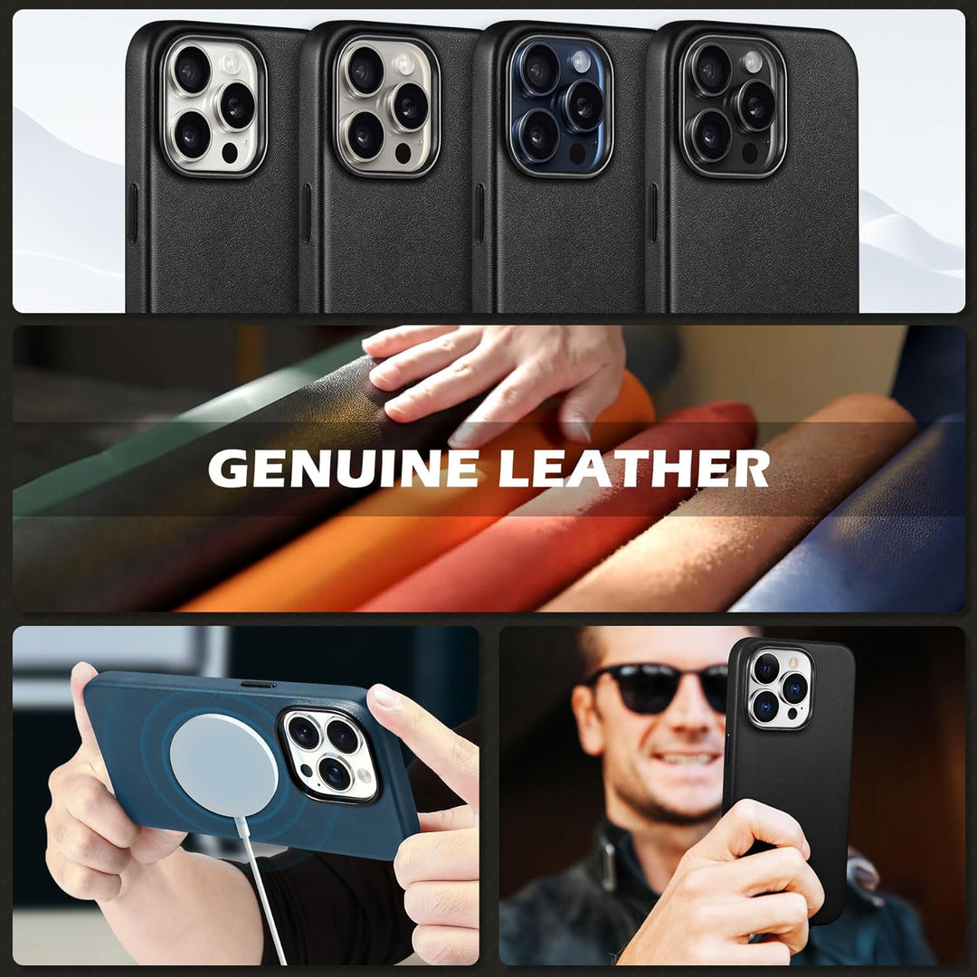 SHIELDON Hülle für iPhone 15 Pro Handyhülle Case [Echtleder] [Kabellos Laden] [Magnet] [Ultra Dünn]