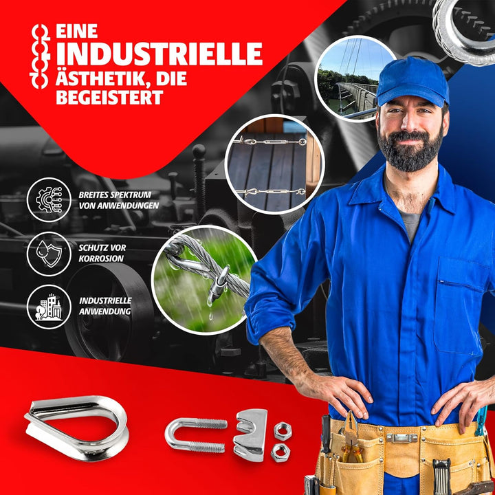 5m DRAHTSEIL EDELSTAHLSEIL SET 6mm 7x7 + 4 Bügel 6mm V4A Stahlseil Inox VA Seil Rostfrei Klemmen