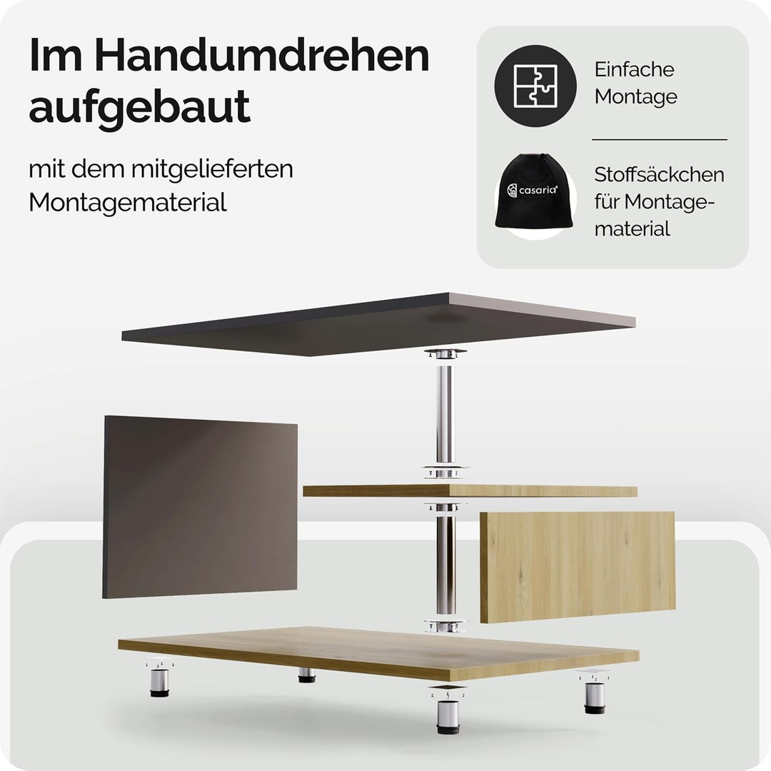 Casaria® Couchtisch Grau Holz Modern mit Stauraum 95x55cm Edelstahl Füsse Rund Höhenverstellbar Abla