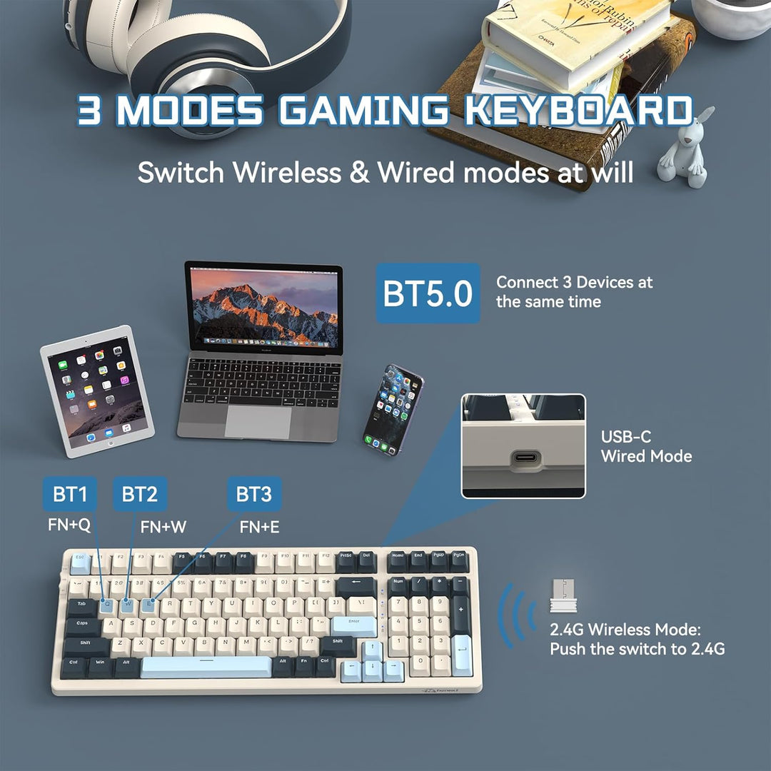 MAMBASNAKE K8 Bunte mechanische 3-Modu Tastatur, 2.4G kabellose Bluetooth Gaming Tastatur mit Spiral