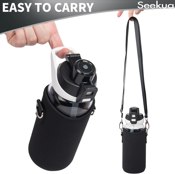 Seekua 0.6l Sport Trinkflasche Glas Flasche mit Strohhalm & Zeitmarkierung für Kinder, Schule 600ml