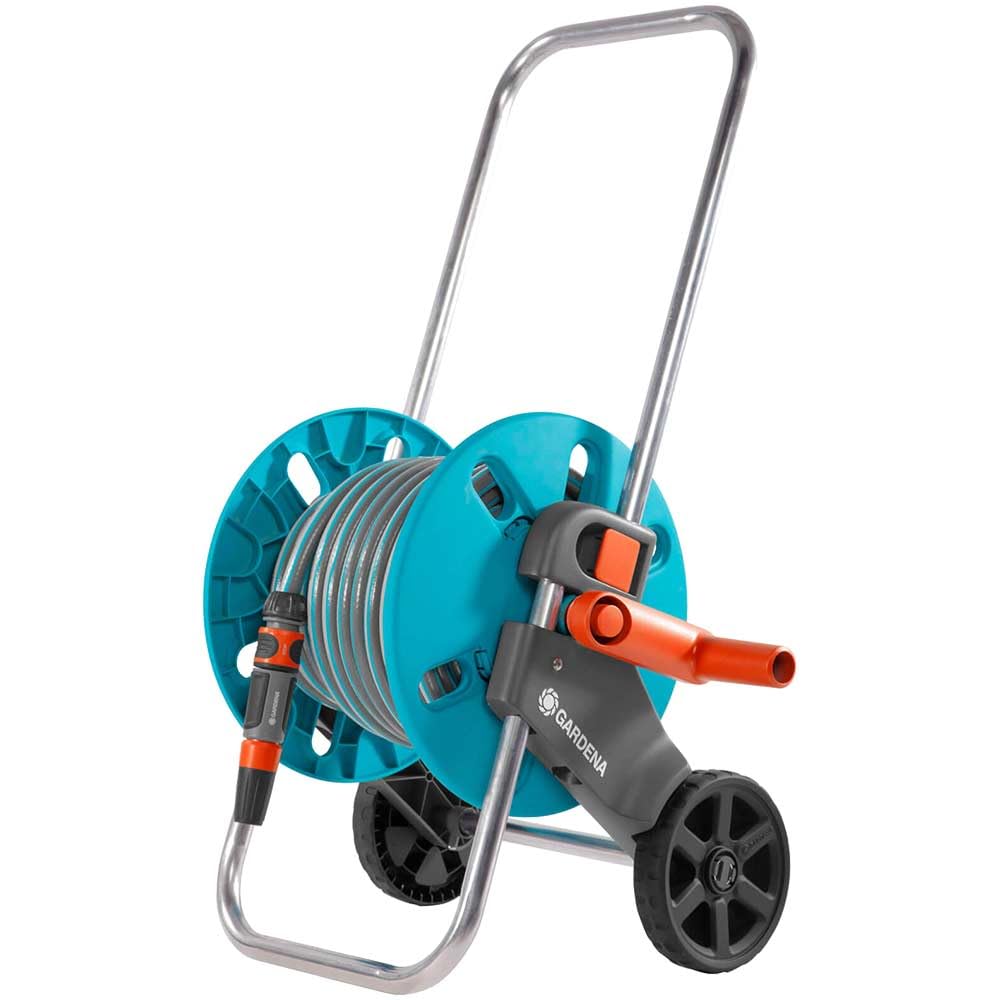 GARDENA Aquaroll Schlauchwagen S Set, komplett mit 20 m Schlauch, Systemteilen und Sprühdüse, grau,