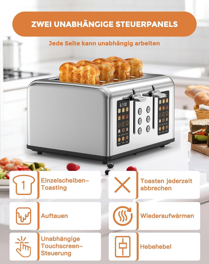 Toaster 4 Scheiben, LED-Touchscreen, Edelstahl Langschlitztoaster, 6 Bräunungsstufen, 6 Brotprogramm