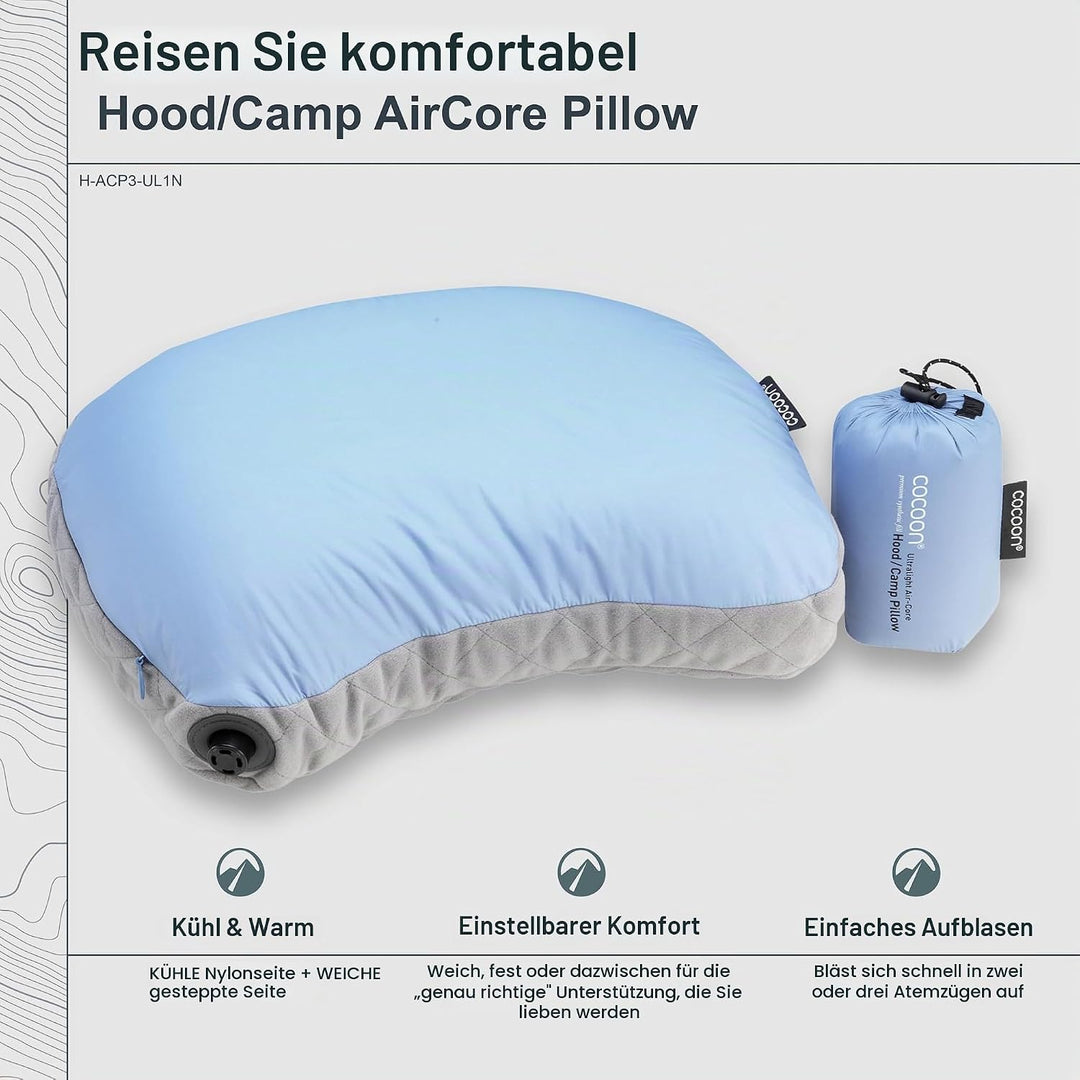 COCOON Air-Core Hood Camp Pillow - aufblasbares Camping- und Reisekissen, Farbe:light blue - hellbla