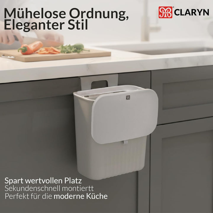 MBI CLARYN Hängender Mülleimer Küche 9L | Geruchsdichter Biomülleimer mit Deckel | Küchenabfalleimer