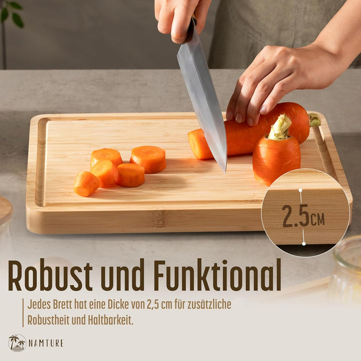 Schneidebrett Holz Set – 2,5 cm stark, mit hochwertiger Öl-Oberfläche, Saftrille, Anti-Rutsch-Füssen