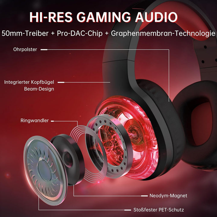 AOC Gaming Headset kabellos für PC, PS5, PS4, Switch, 2,4 GHz Wireless Headset mit Bluetooth 5.4 & K