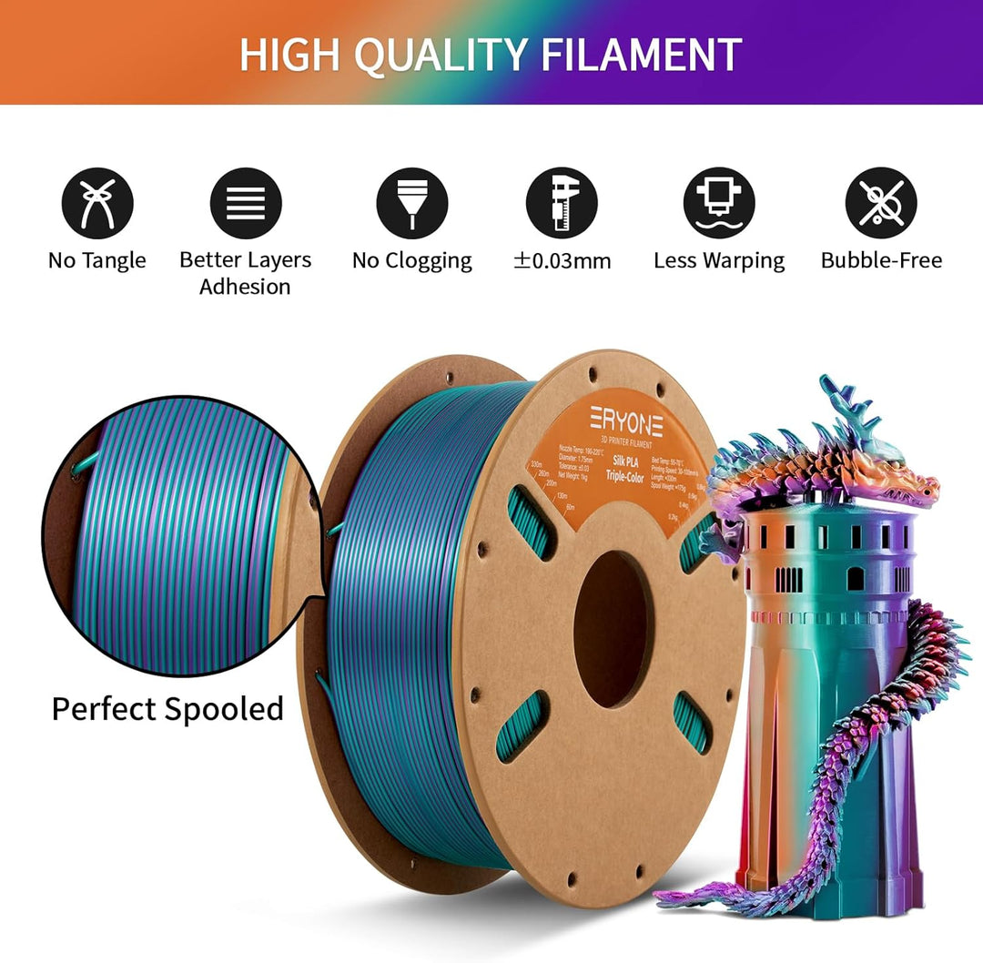 ERYONE Dreifarbiges Seiden PLA Filament 1.75mm,Seidiges Mehrfarbiges PLA-Filament für 3D-Drucker +/-