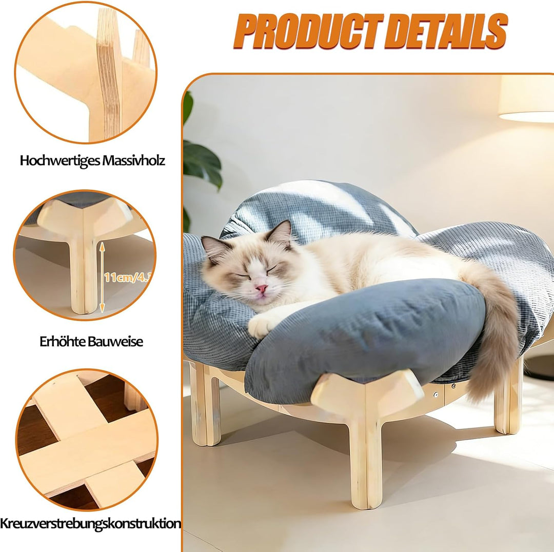 Erhöhtes Katzenbett aus Holz, Flauschiges Katzensofa in Blumenform, Katzenkissen mit waschbarem & Ho