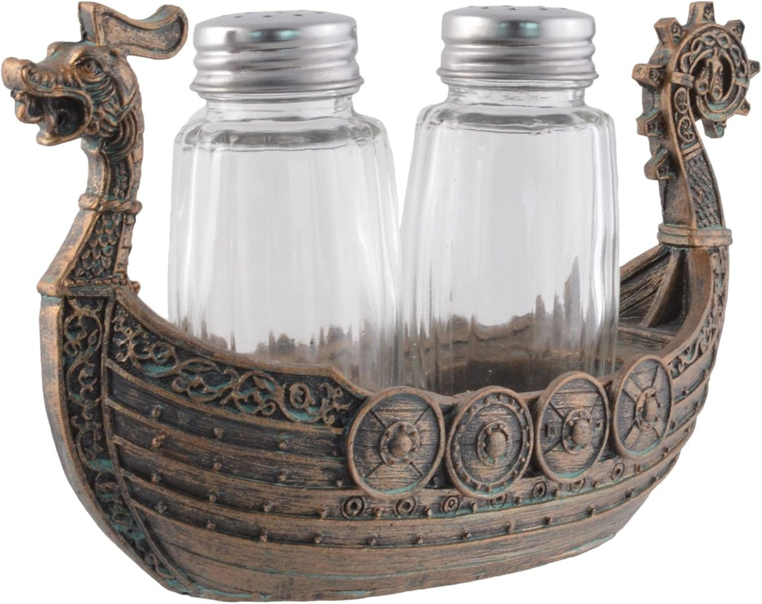 Nordischer Salz- u. Pfefferstreuer "Drakar" - Wikinger Schiff mit Glasstreuern