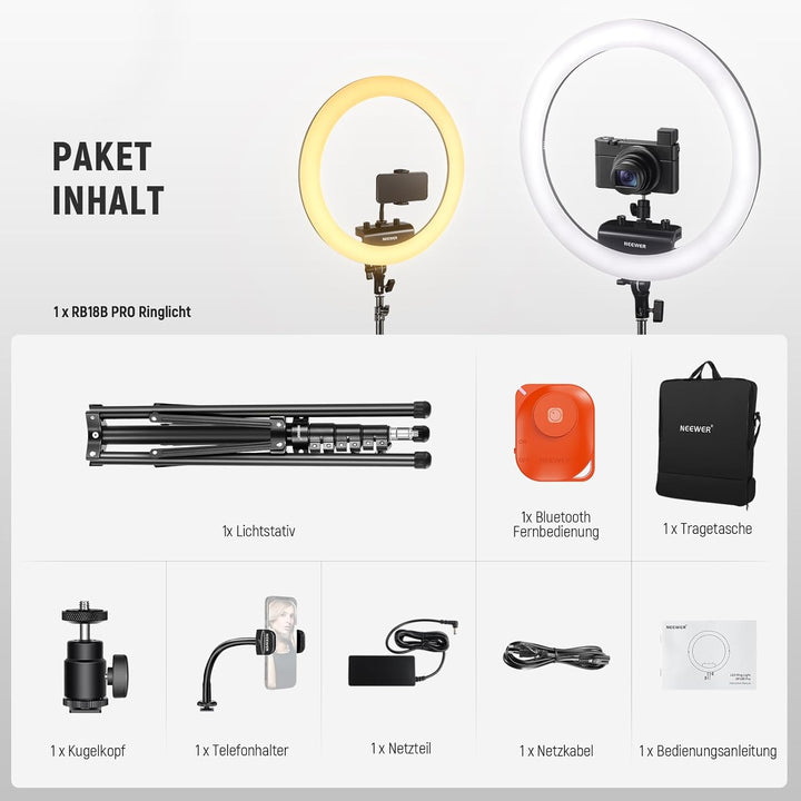 NEEWER RP18B Pro Ringlicht 18“ mit Stativständer und Handyhalterung Kompatibel mit iPhone, 45W 2900K
