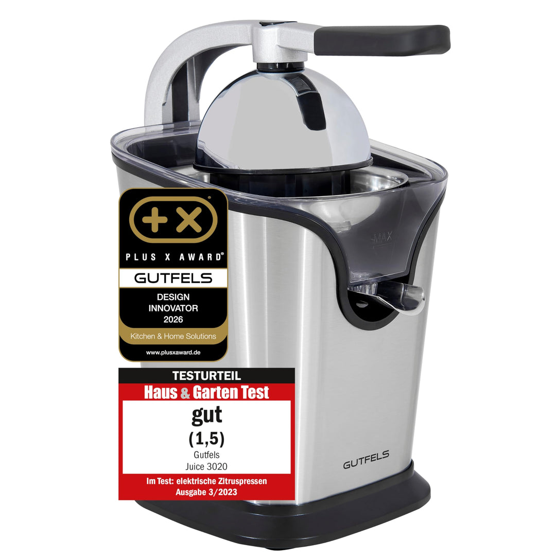 Zitruspresse JUICE 3020 | Edelstahl Auslauf | Zwei Pressaufsätze | Edelstahloberfläche | 100 Watt |