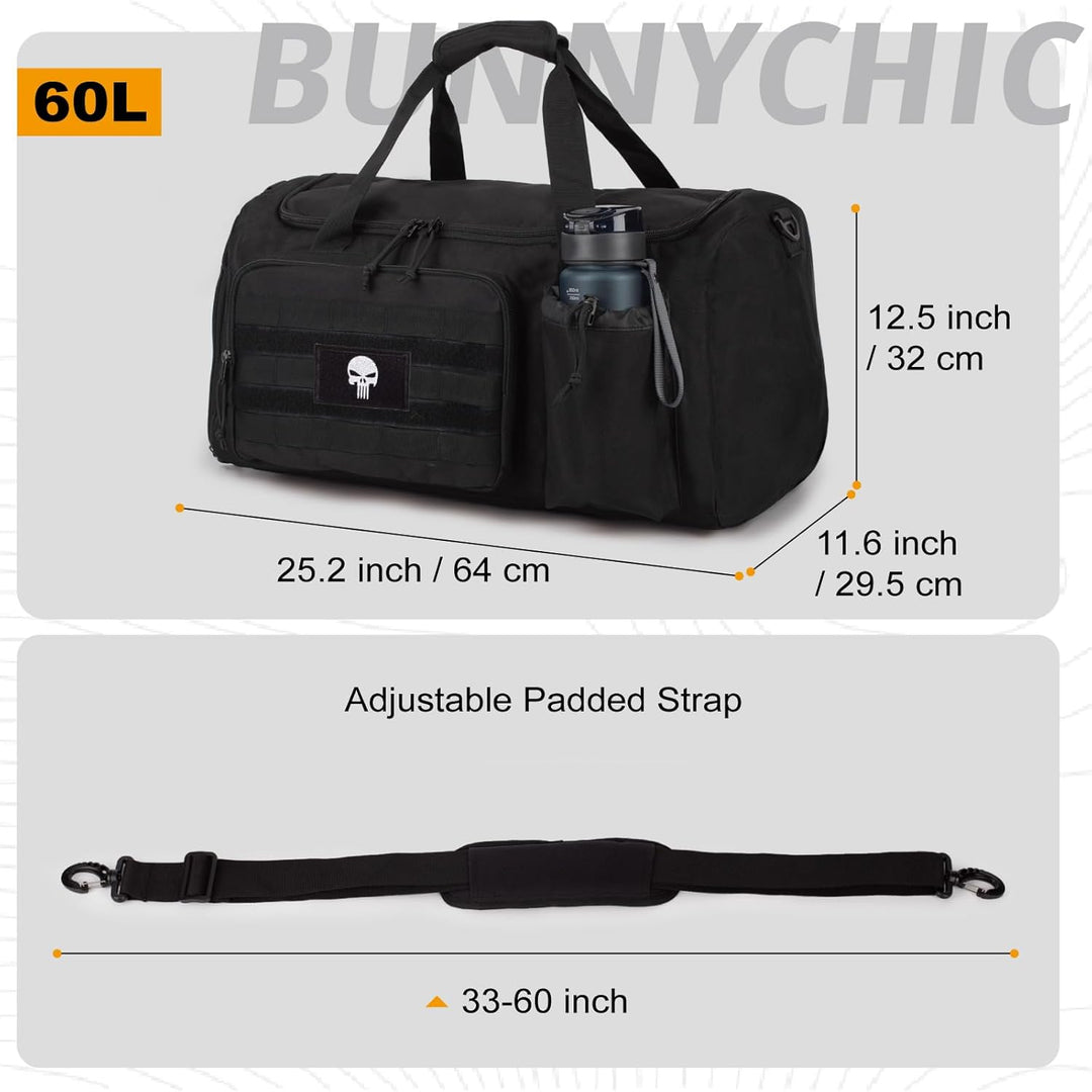 Taktische Sporttasche für Herren, 60L grosse Reisetasche mit Schuhfach, Sporttasche mit Nassfach, Mu