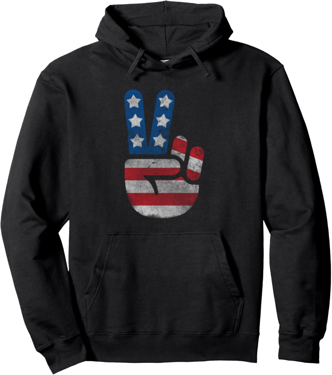 USA Flag Peace Sign Victory Fingers Patriotic Pullover Hoodie