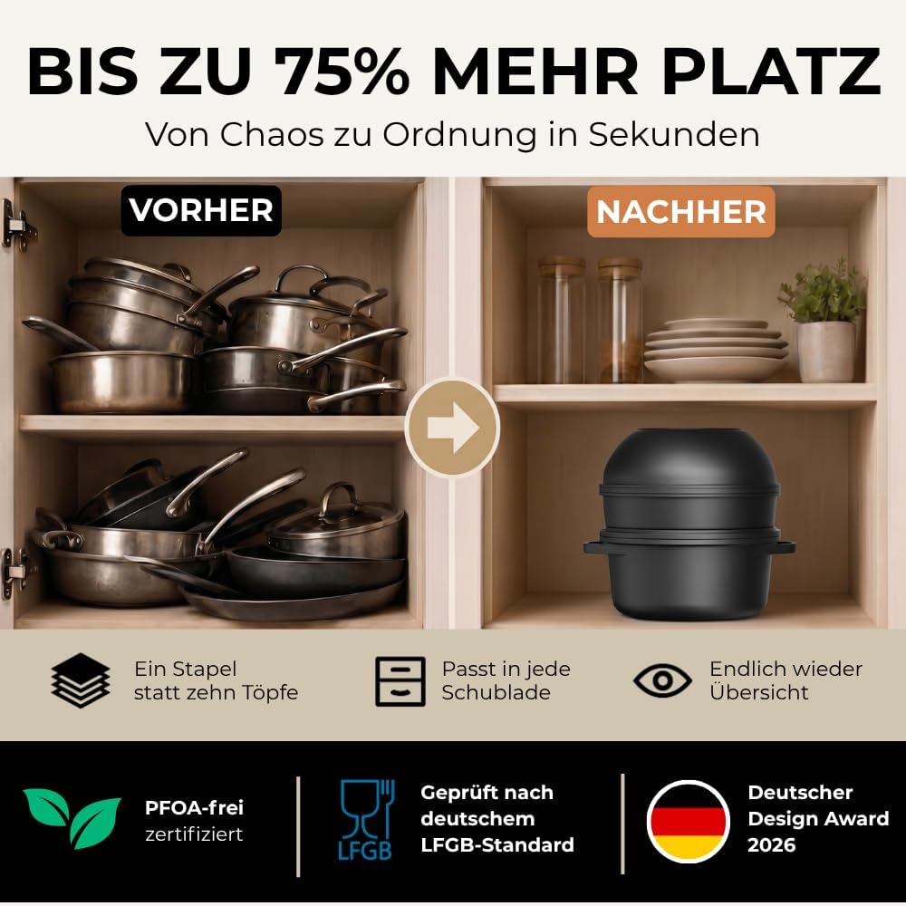 Pro Topf und Pfannenset 12-teilig Induktion, Abnehmbarer Griff, Stapelbar, Platzsparend, Backofenfes
