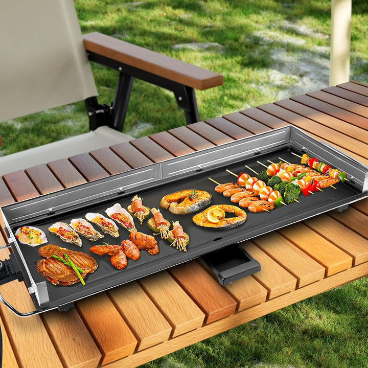 AEWHALE Tischgrill Elektrisch,XXL Plancha-Teppanyaki Grillplatte 2400W mit Wind-/Spritzschutz aus Ed