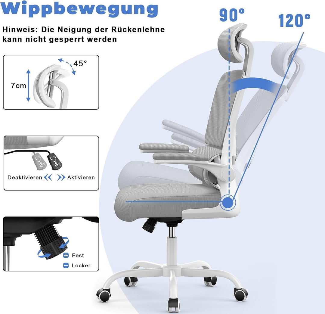 naspaluro Bürostuhl Ergonomischer, Schreibtischstuhl mit Verstellbarer Kopfstütze, Armlehnen, Dynami