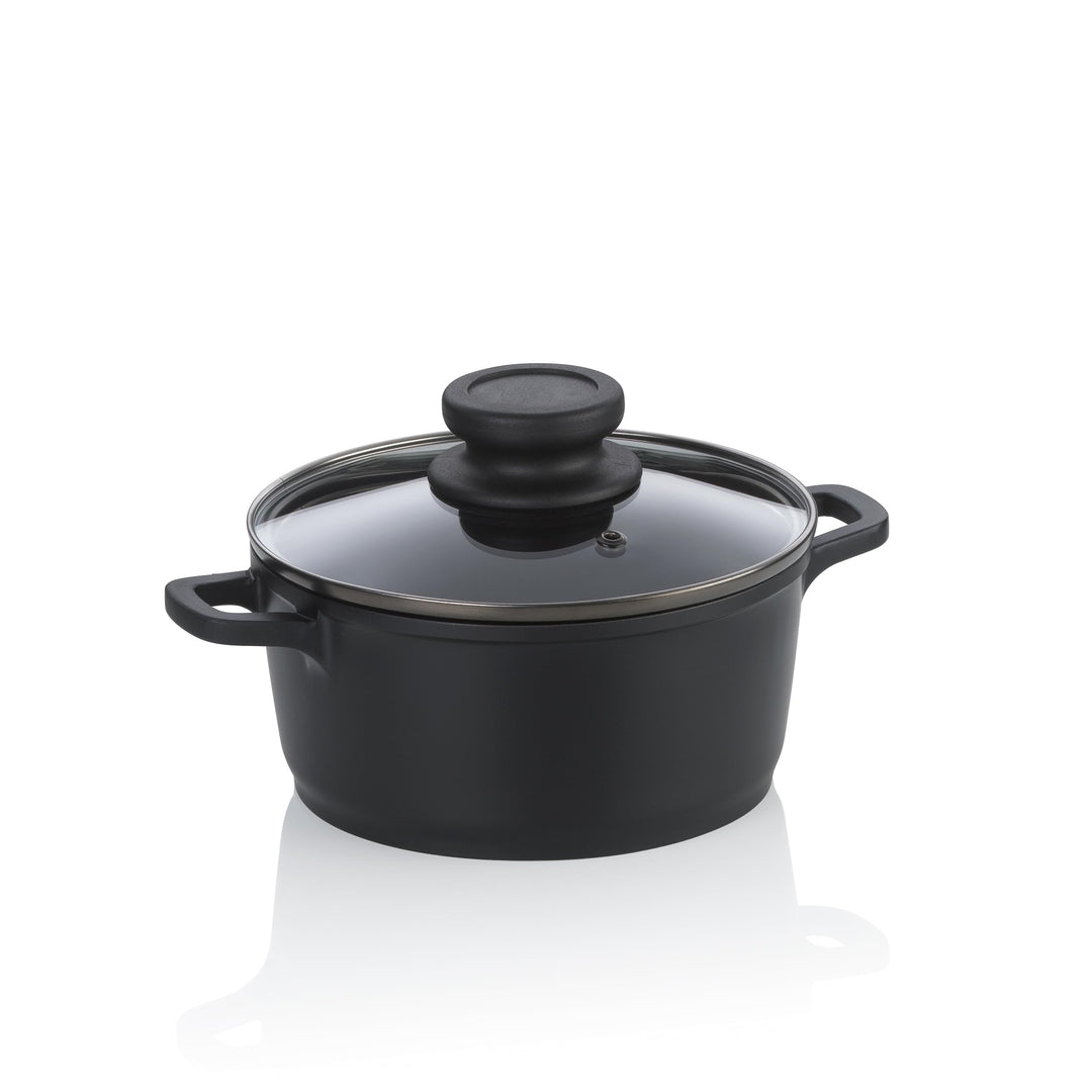 kela Fleischtopf 16 cm mit Glasdeckel ATURA, Kochtopf klein 1 Liter, Topf Induktion, Aluguss keramis