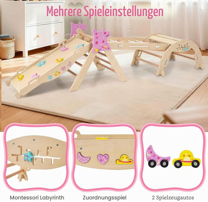 HOMASIS 4 in 1 Kletterdreieck mit Kletternetz, Kletterbogen, Wippe &amp; Leiter, Klettergerüst mit doppe