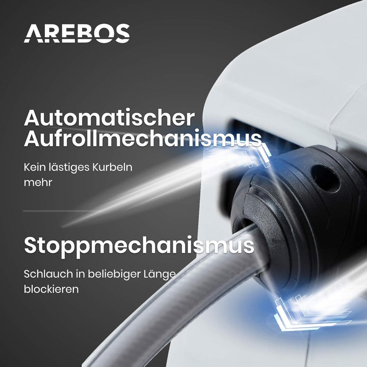 Arebos Schlauchaufroller | 20 m Schlauchtrommel | Wand-Schlauchbox mit Arretierstop & 9 Sprühunktion