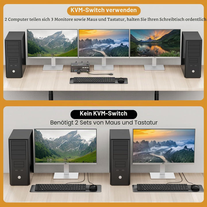 KVM Switch 2 PC 3 Monitore, KCEVE 2 HDMI + 1 DisplayPort KVM Umschalter, USB 3.0 8K@30Hz/4k@144Hz Dr