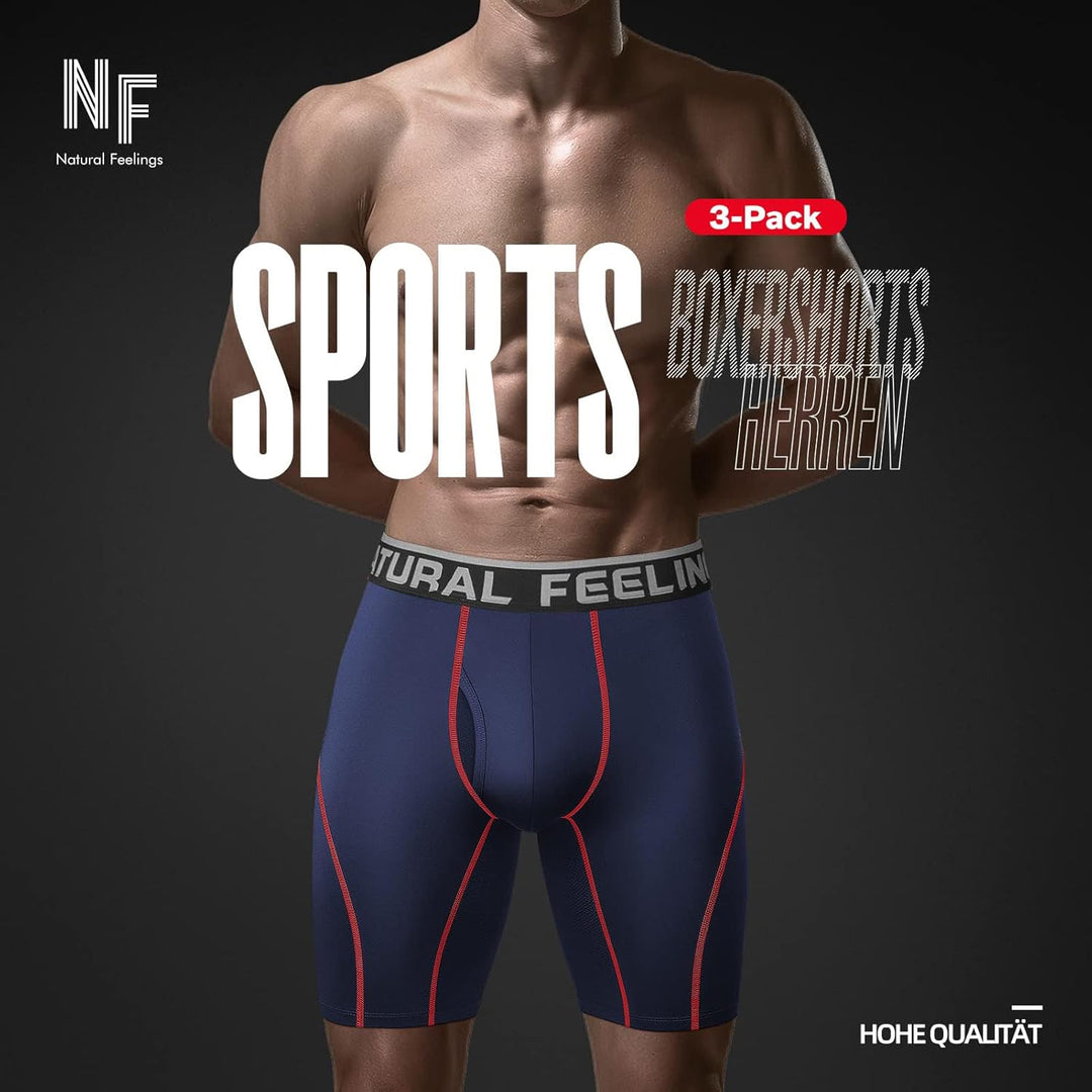 Natural Feelings Langes Bein Sport Boxershorts Herren 3/4er Pack Elastisch 9 Zoll Unterhosen Männer