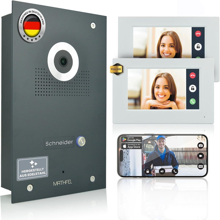 Mathfel IP WLAN Video Türsprechanlage 1-Familienhaus Anthrazit Unterputz - 170° Weitwinkel, 2 x 7 Zo