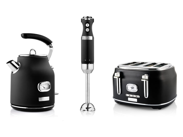 Westinghouse Retroline Frühstück-Set Schwarz, Toaster, Stabmixer & Wasserkocher, 1.7 Liter und Kalkf