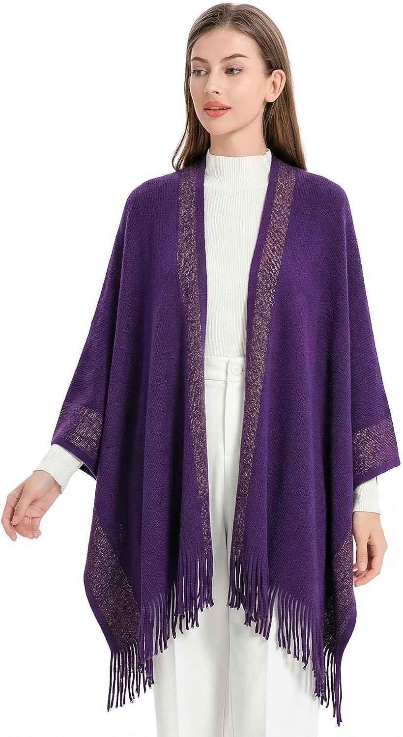 ZLYC Damen Weiche Schlichte Poncho Capes Retro Cardigans Pullover Violett, Violett