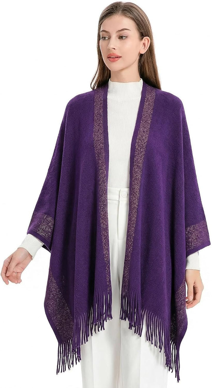 ZLYC Damen Weiche Schlichte Poncho Capes Retro Cardigans Pullover Violett, Violett