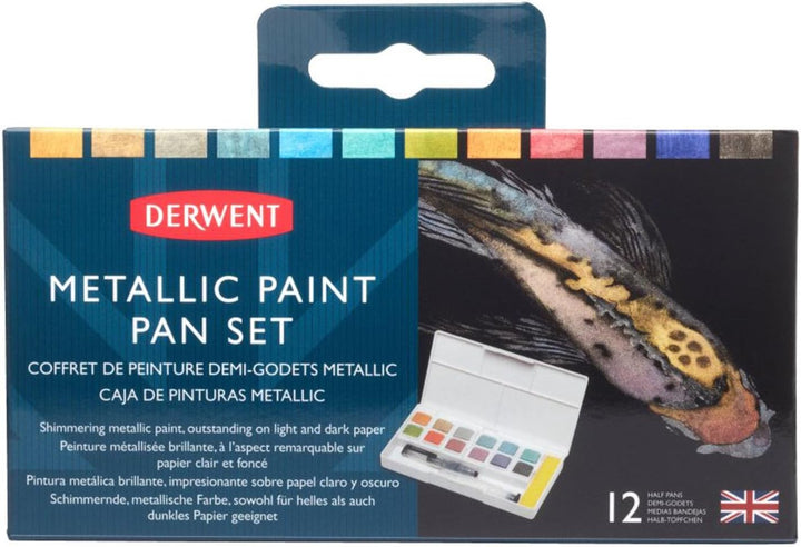 Derwent Inktense Metallic Paint Travel Set Palette, Tragbare Palette mit 12 Farben, Wassertankpinsel
