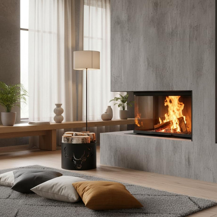 Kapaga – Kaminholzkorb – Metall Schwarz pulverbeschichtet – Holzträger mit Muster – Robuster Holzkor