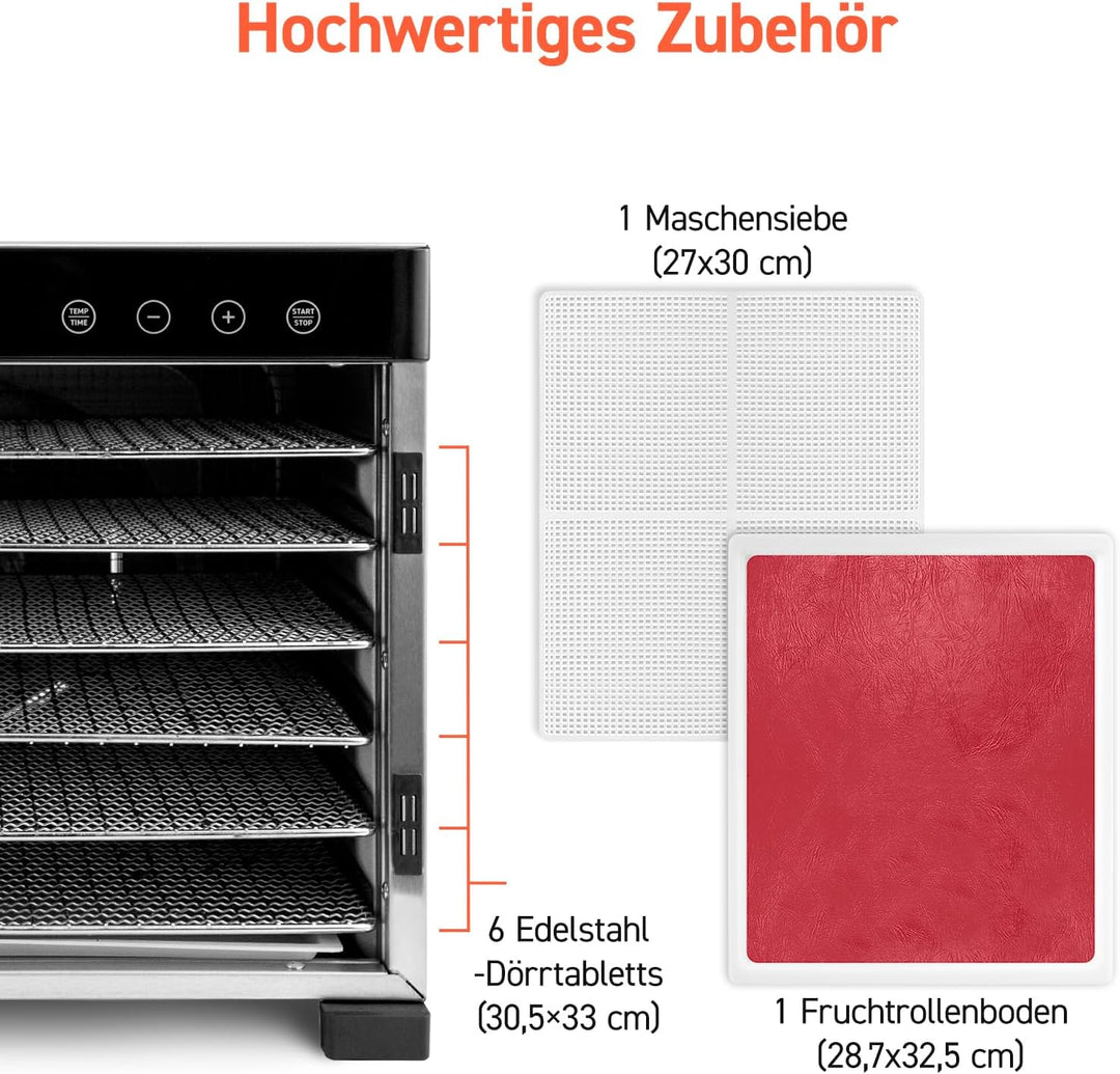COSORI Dörrautomat edelstahl, Food Dehydrator mit 50 Rezepte, inkl. 6 Edelstahl-Dörrtabletts, 3 Dörr