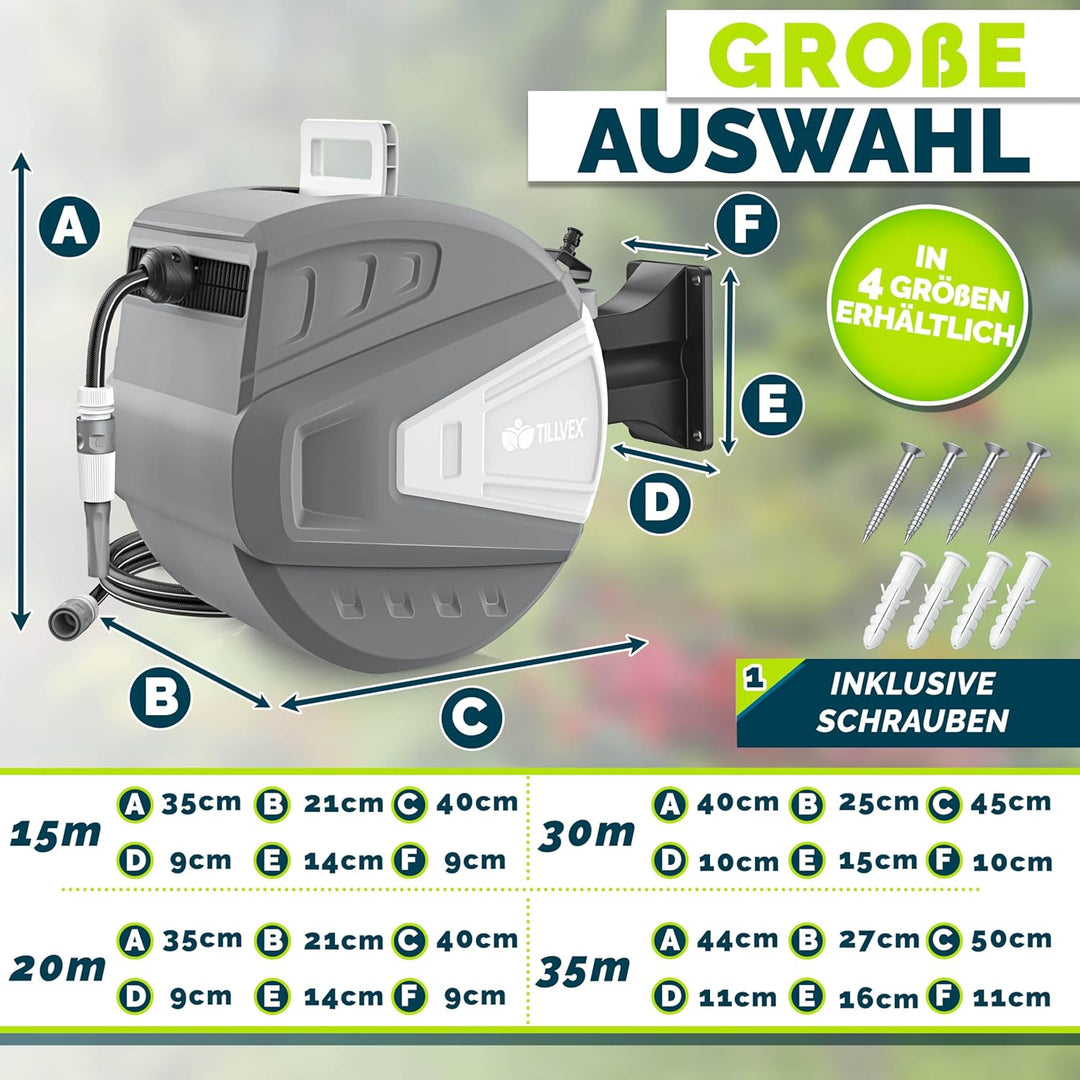 tillvex Schlauchtrommel Wasser 15+2m mit Wandhalterung + Tragegriff | Schlauchaufroller mit Handbrau