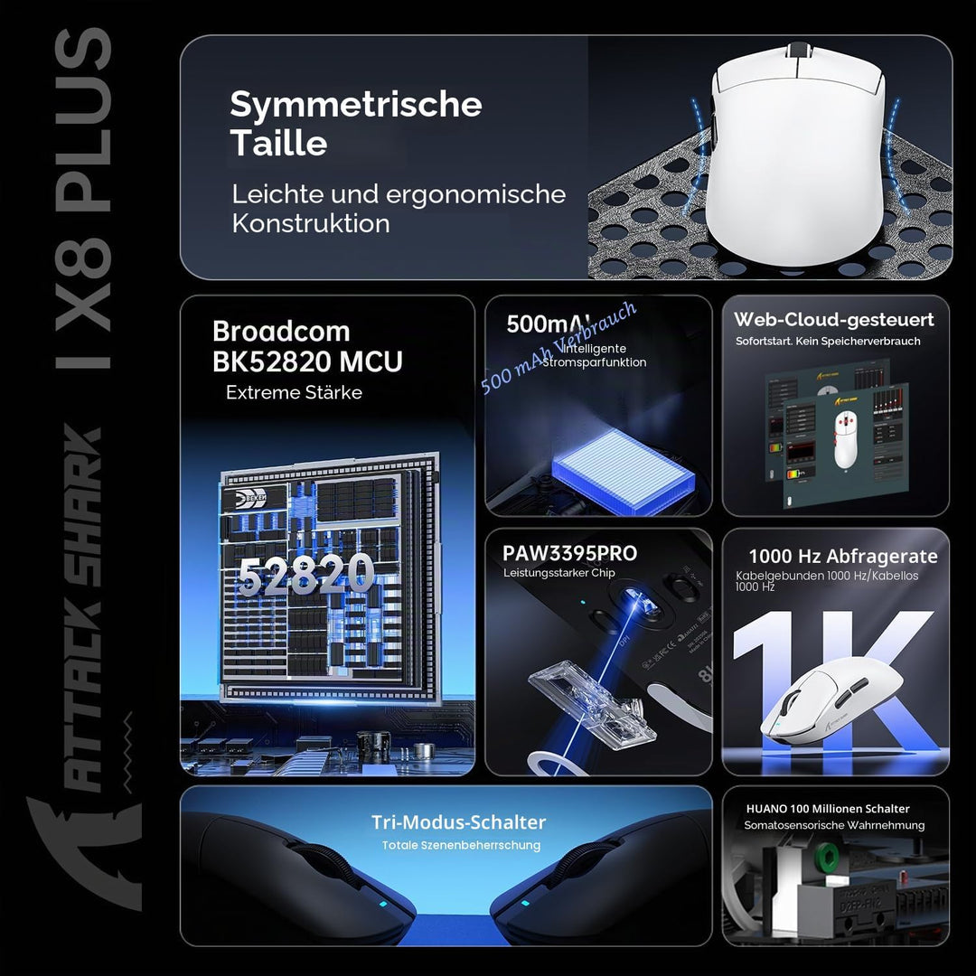 MAMBASNAKE Attack Shark X8PLUS Kabellose Gaming-Maus, PixArt PAW3395PRO-Sensor, 40000 DPI, BT/2,4 GH