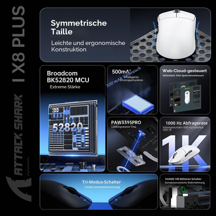 MAMBASNAKE Attack Shark X8PLUS Kabellose Gaming-Maus, PixArt PAW3395PRO-Sensor, 40000 DPI, BT/2,4 GH